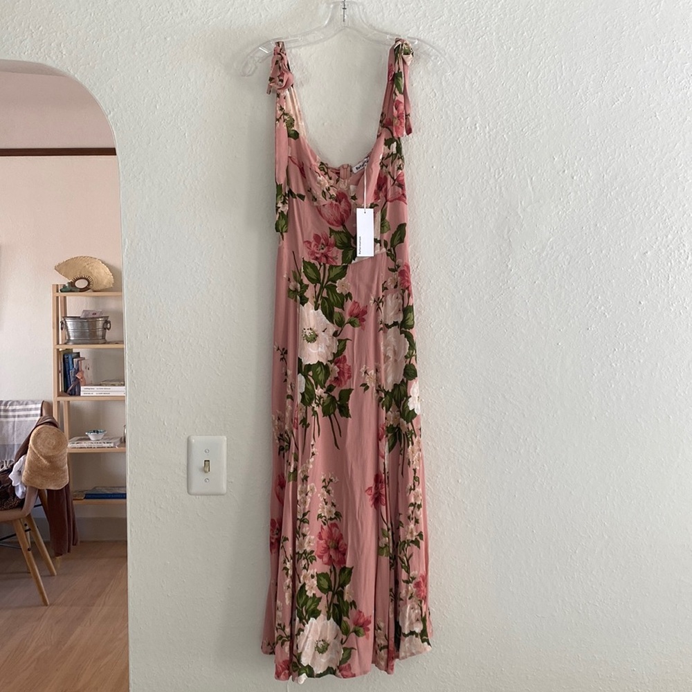 NWT Reformation Nadira Dress in Rose Garden Pink Floral Midi Tie Straps